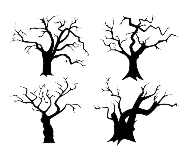 Set of tree silhouettes for Halloween. Black withered trees on a white background.