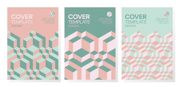 Set of trendy abstract isometric 3d optical illusion geometric shapes cover design