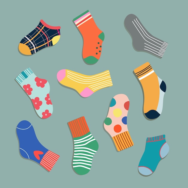 Set of trendy colorful socks. Modern socks in different colours top down view. Cartoony design for