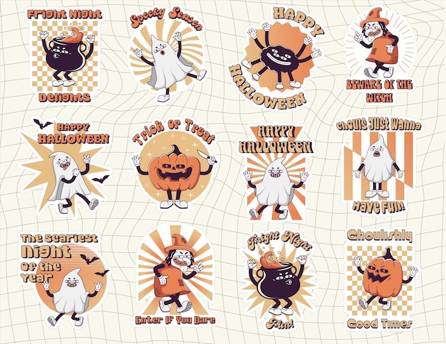 Vector set of trendy groovy retro 70s halloween printable stickers with gloved characters and elements