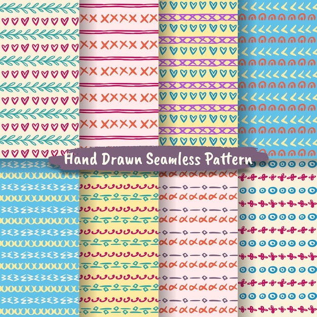 Set of Trendy Hand Drawn Seamless Pattern, abstract hand drawn pattern