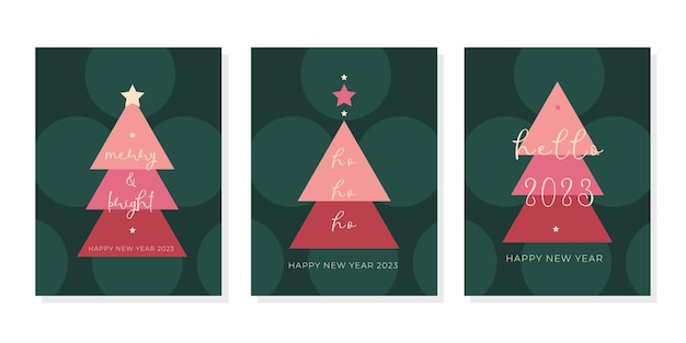 Set trendy Happy New Year greeting cards ho ho ho Merry Christmas template Minimalistic design green