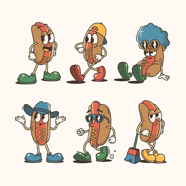 Set of Trendy Hot Dog and Cartoon Characters Vintage character vector art collection