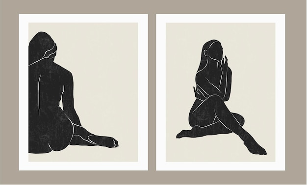 Vector set of trendy minimal abstract modern posters female silhouettes feminine concept