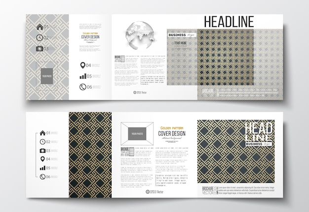 Set of tri-fold brochures, square design templates. Islamic gold pattern