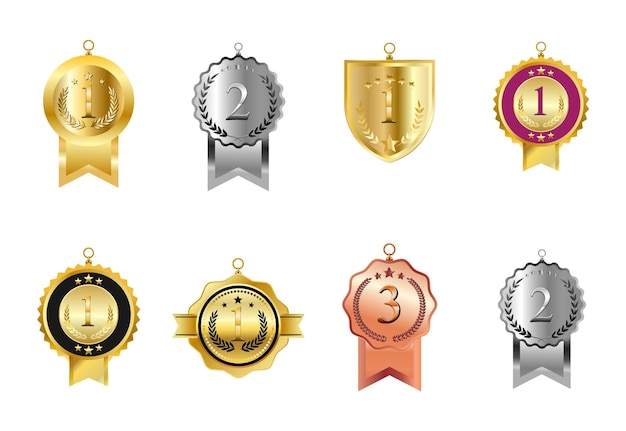 Set Of Trophy Or Awards And Medal For Winners Isolated Illustration Collection Collection Of Golden