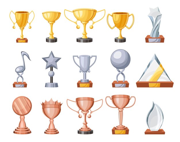 Vector set of trophy cups, bronze, silver, golden and glass winner goblet for first place celebration, champion prize award design elements, victory achievement, success items. cartoon vector illustration