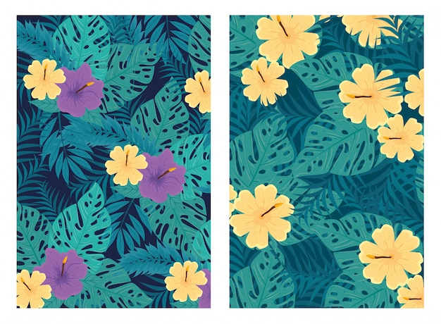 Set of tropical backgrounds, flowers purple and yellow colors with tropical plants, decoration with flowers and tropical leaves