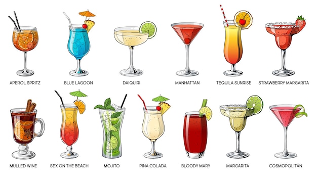 Set of tropical cocklails. Summer alcoholic holiday and beach party drinks