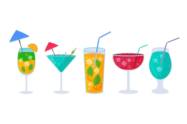 Set of Tropical cocktails. Alcoholic summer drinks in glasses on the beach, mojito, vodka, sambuca, martini, juices, bloody mary. Holiday concept for party invitation, bar menu. Vector illustration