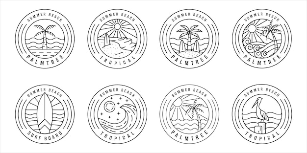 Set of tropical island and palm tree logo line art vector illustration template icon graphic design. bundle collection of various paradise icon with typography circle badge