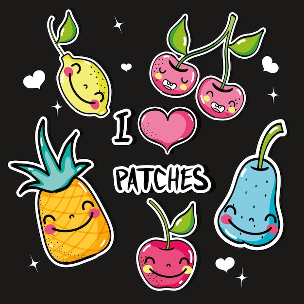 Set tropical kawaii patches fruits design 