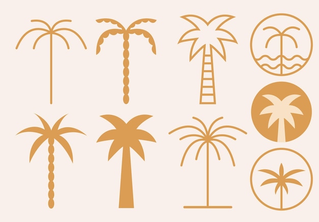 Vector set of tropical palm tree outline logotype abstract summer and vacation badge and emblem for holiday rentals design element