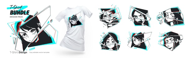 Set of tshirt illustrations of close up female anime eyes look with broken glass effect