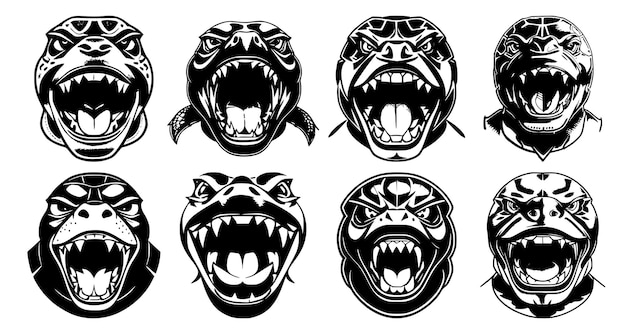 Set of turtle heads with open mouth with different angry expressions of the muzzle Symbols for tattoo emblem or logo isolated on a white background