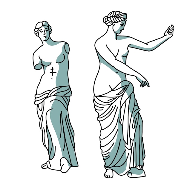 Set of two ancient greek female sculptures statue of godess vector linear illustration with shadows