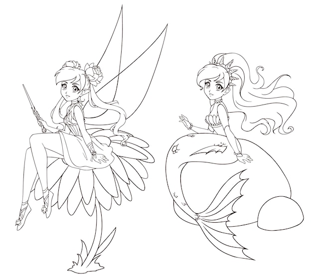 Set of two anime style characters. Mermaid and fairy. Hand drawn vector illustration on a white background for coloring book, tattoo, card, t-shirt template etc.