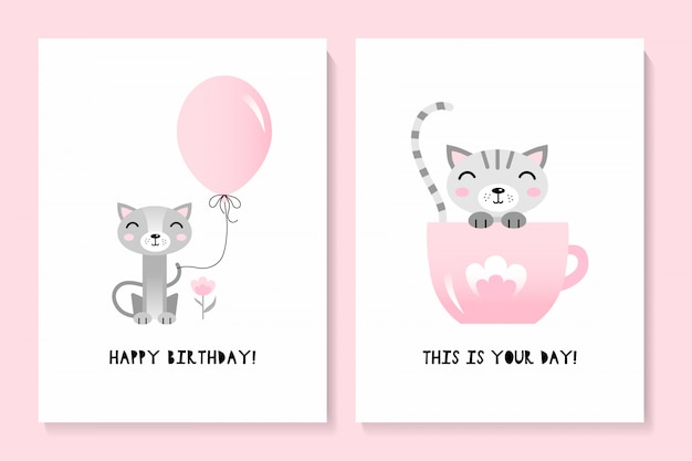 A set of two cards with a cute cat. Happy birthday