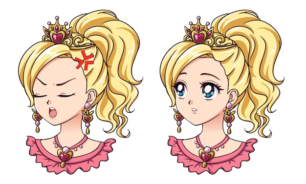 Set of two cute anime princess portraits. Two different expressions. 90s retro anime style hand drawn vector illustration. Isolated.