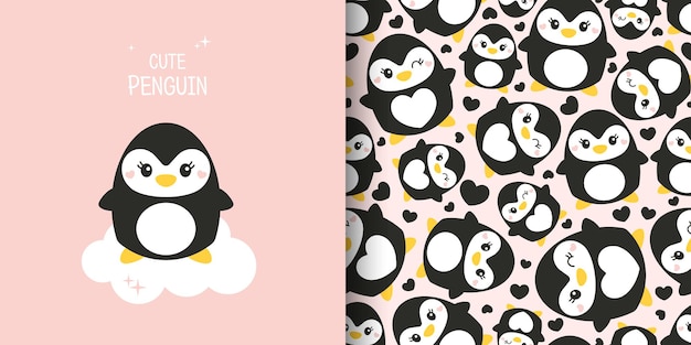 Set of two cute cards. Seamless pattern with penguins. Penguins on a pink background. Postcard, poster, clothing, fabric, wrapping paper, textiles.