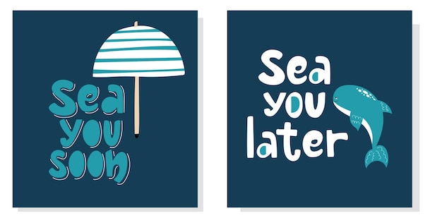 Set of two elegant cards Sea you soon Sea you later with whale and beach umbrella