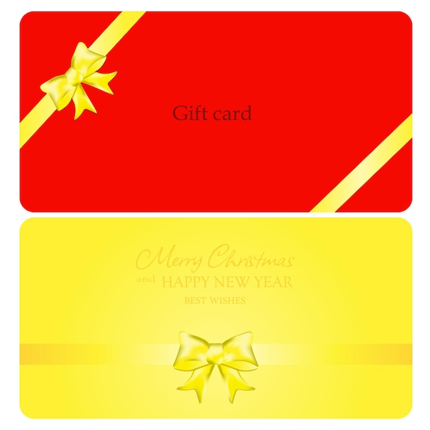 Set of two gift cards,red and yellow card with yellow  bow and ribbon.Vector template.