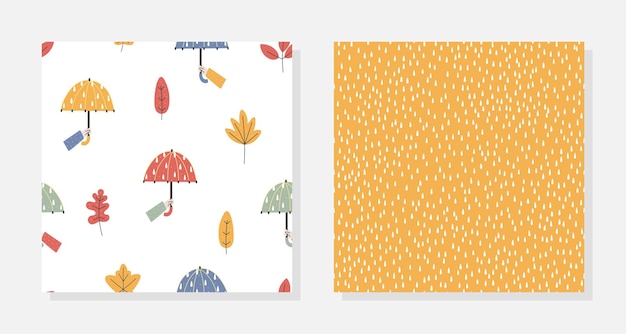 Set of two hand drawn seamless patterns with umbrellas, leaves and rain. Autumn season design