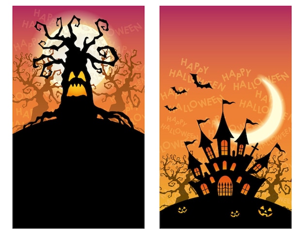 Set Of Two Happy Halloween Greeting Card Templates With Haunted Trees And A Mansion.