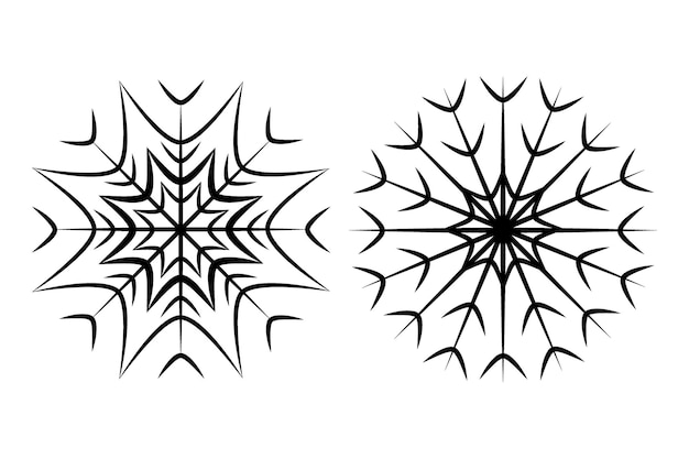 Set of two images from contour drawing of a carved snowflake in minimalist style Line art Isolate