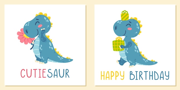 set of two prints with dinosaur. cute little dinosaur carries gifts. dino sniffs a flower.