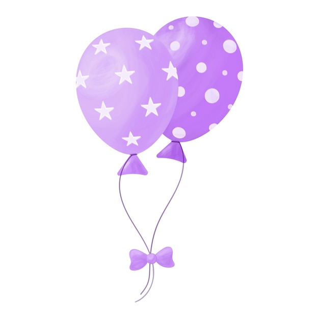 Set of two purple violet balloons with stars and circles watercolor effect isolated on white back