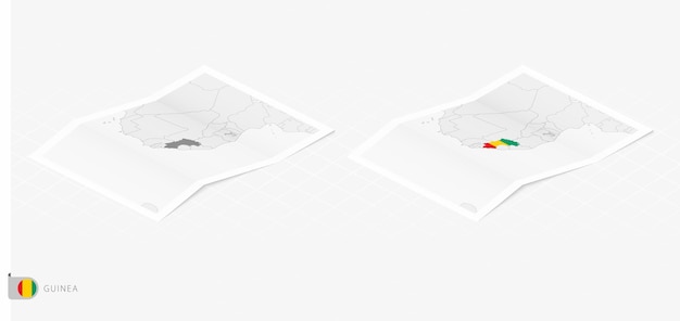 Set of two realistic map of Guinea with shadow The flag and map of Guinea in isometric style