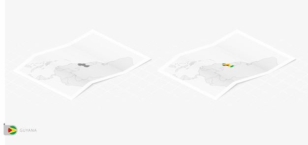 Set of two realistic map of Guyana with shadow The flag and map of Guyana in isometric style