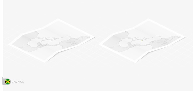 Set of two realistic map of Jamaica with shadow The flag and map of Jamaica in isometric style