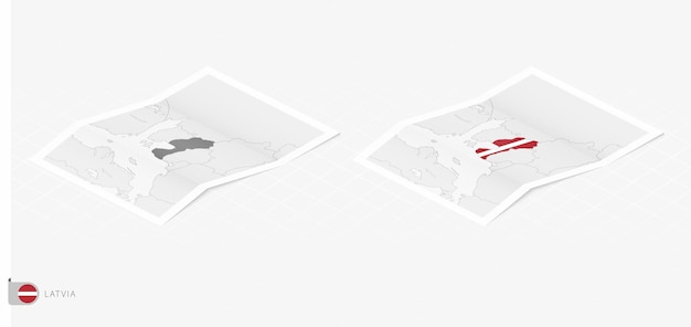 Set of two realistic map of Latvia with shadow The flag and map of Latvia in isometric style