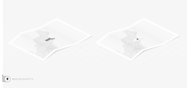 Set of two realistic map of Massachusetts with shadow The flag and map of Massachusetts in isometric style