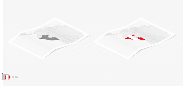 Set of two realistic map of Peru with shadow The flag and map of Peru in isometric style