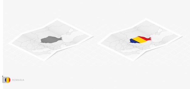 Set of two realistic map of Romania with shadow The flag and map of Romania in isometric style