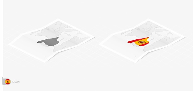 Set of two realistic map of Spain with shadow The flag and map of Spain in isometric style