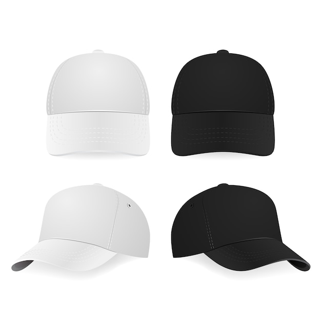 Set of two realistic white and black baseball caps isolated on white background. illustration.