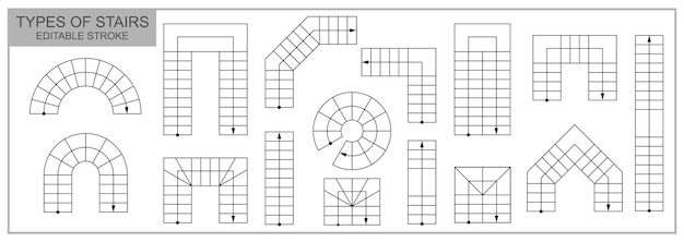 Set of types of stairs top view Stairway symbol and icon in plan for blueprint project Architectural