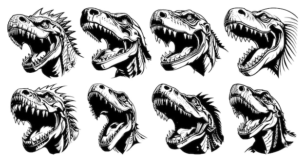 Set of tyrannosaur heads with open mouth and bared fangs with different angry expressions of the muzzle Symbols for tattoo emblem or logo isolated on a white background