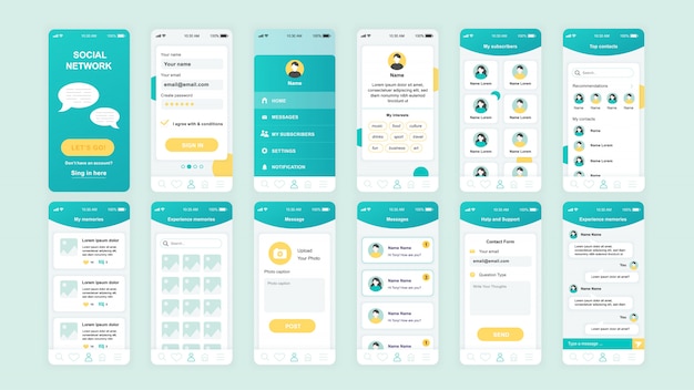 Set of UI, UX, GUI screens Social Network app flat template