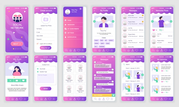 Set of UI, UX, GUI screens Social Network app flat