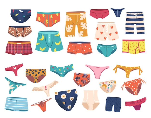 Vector set of underpants for men and women slimming or swimming underwear design trunks briefs and panties