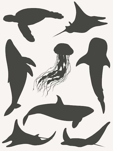 Set of the underwater animals. Jellyfish, shark, orca, whale, stingrays, turtle.