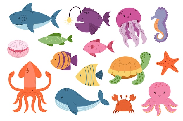 Set of Underwater Animals Shark Octopus Anglerfish Jellyfish and Shell Turtle Starfish Crab Whale and Squid