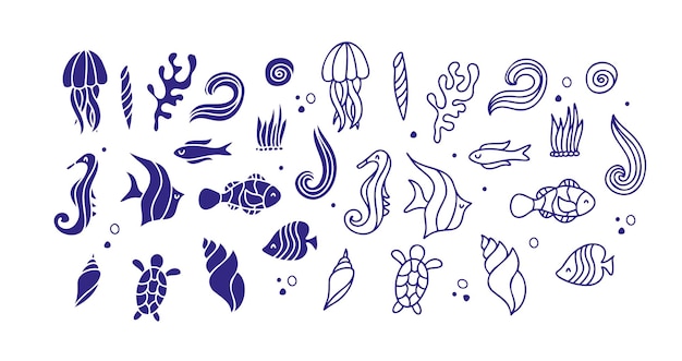 Set of underwater animals undersea life Vector outline and silhouette