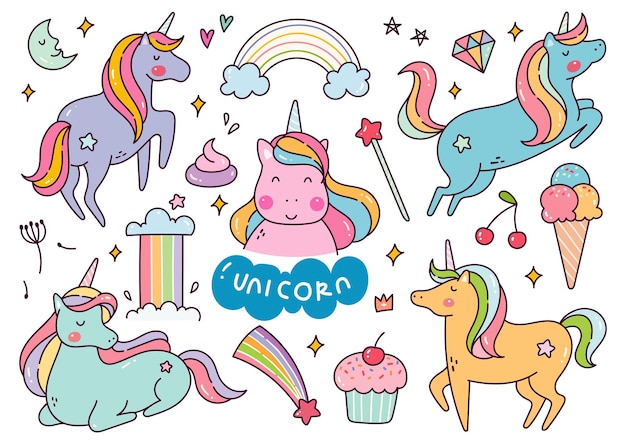 Set of Unicorn Cartoon Kawaii Doodle Vector Illustration