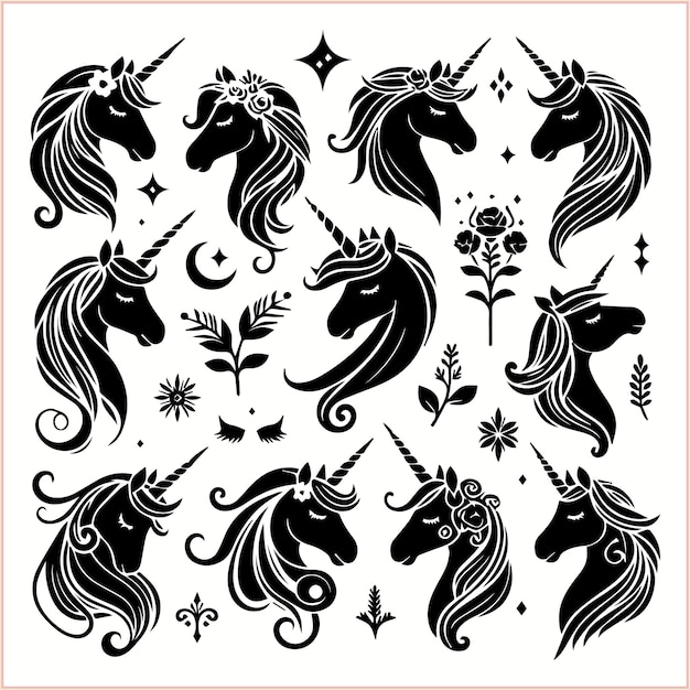 a set of unicorns and stars with a black background